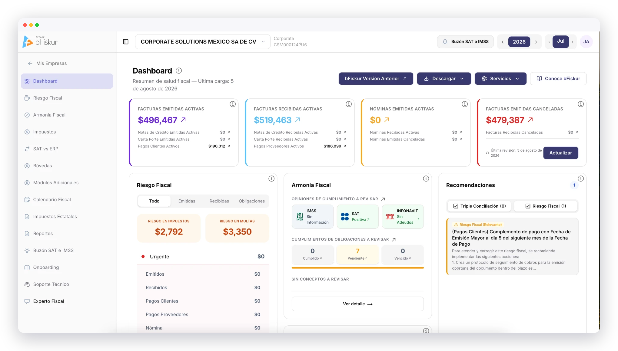 Dashboard de bFiskur mostrando riesgo fiscal, CFDIs y recomendaciones